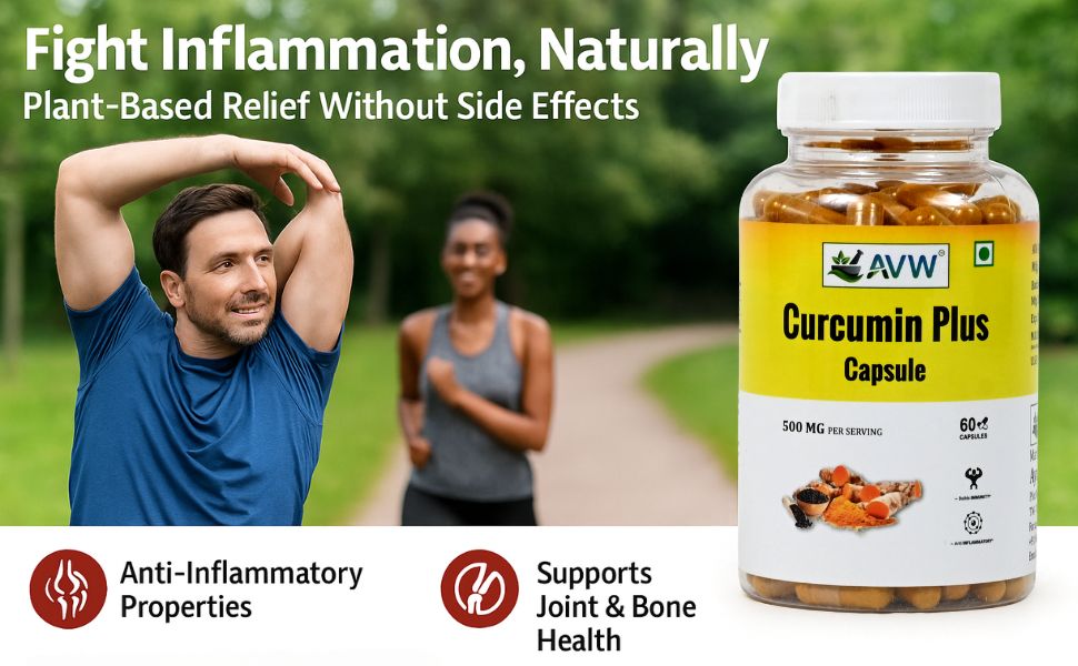 AVW Curcumin Plus 500mg Capsules | Anti inflammatory Supplement for Adults | With Turmeric & Black Pepper with Enhanced Bioavailability for Joint & Immune Support 60 Capsules