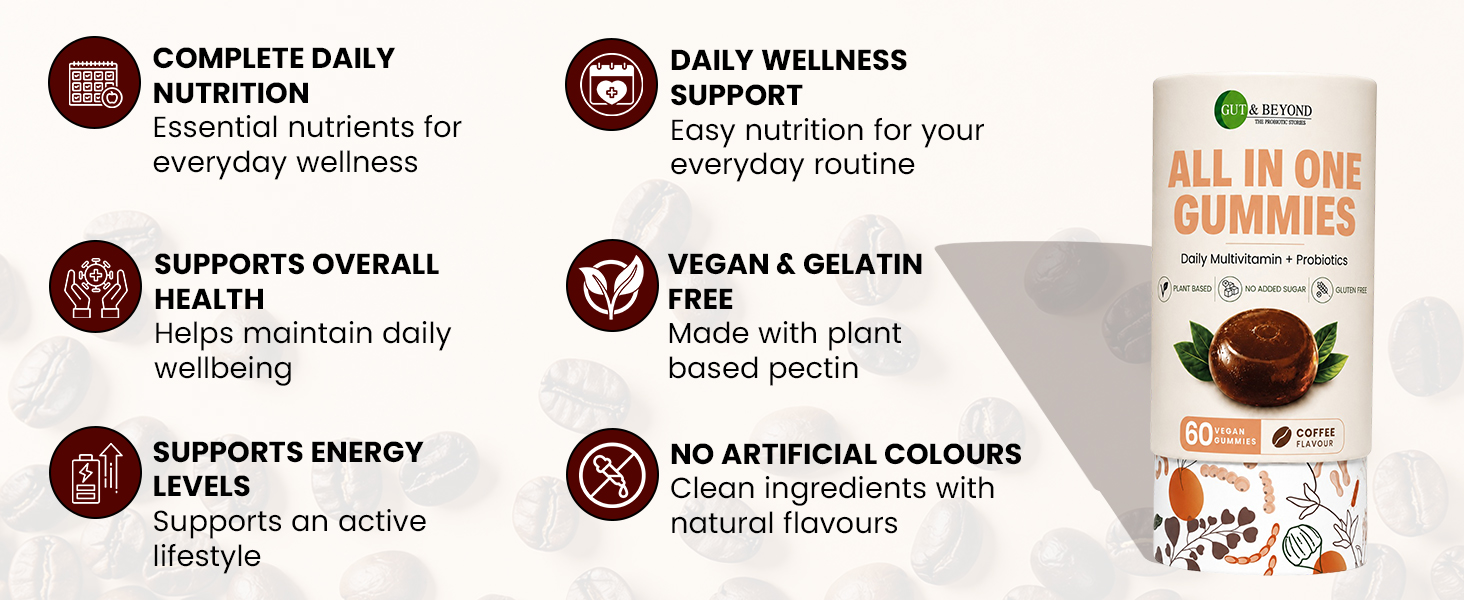 Gut and Beyond All in One Multivitamin Gummies for Men and Women, 60 Count - Probiotics, B Complex, Vitamin C, D and E and Antioxidants for Immunity, Energy, Gut Health and Skin, Coffee Flavour