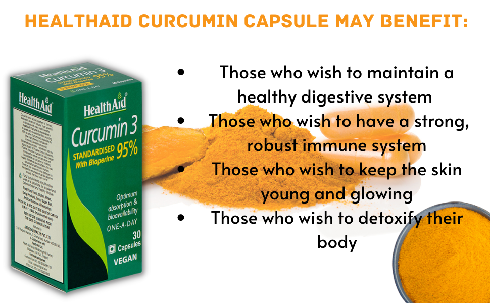 HealthAid Curcumin with Bioperine – 30 Veg Capsules | With 95% Curcuminoids for Enhanced Absorption | Supports Skin, Joint & Immune Health | Antioxidant Supplement for Men & Women