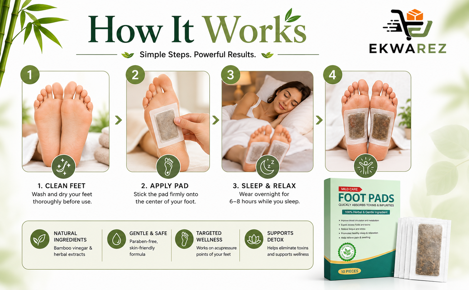 Detox Foot Patches for Weight Loss & Toxin Removal, Bamboo Vinegar Herbal Foot Pads for Sleep Aid, Pain Relief & Deep Cleansin (pack of 10)