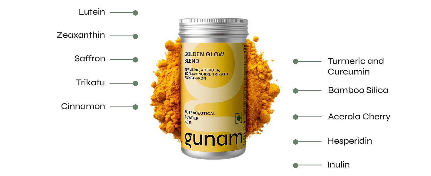 Gunam Golden Glow Blend Curcumin Turmeric Supplement with Saffron, Acerola Cherry & Citrus Bioflavonoids for Inflammatory Support, Immunity Booster, Gut & Skin Health Superfood for Men & Women - 40g (30 Servings)