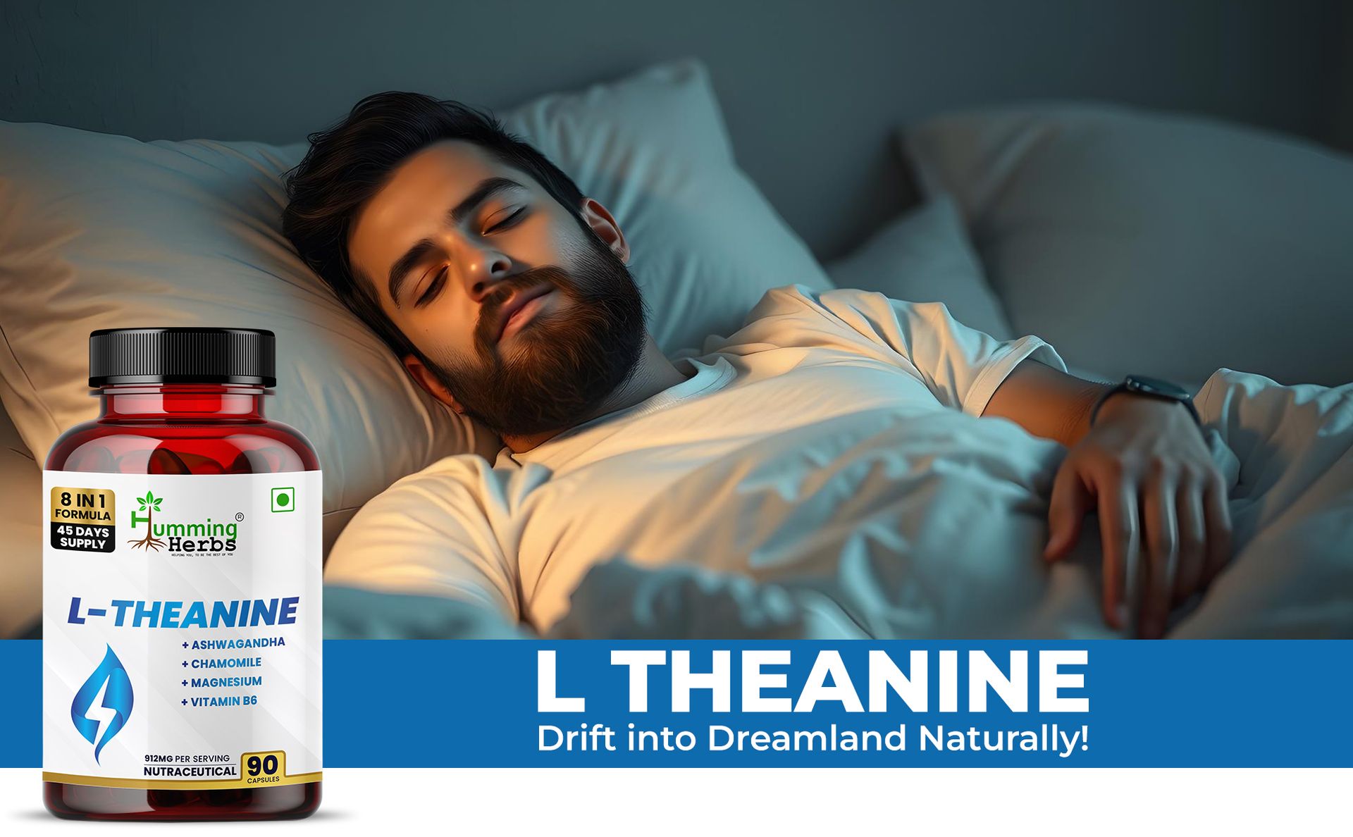 Humming Herbs L-Theanine with Ashwagandha, Chamomile, Magnesium, Vitamin B6, Vitamin B12 & Zinc | 912mg | 90 Veg Capsules | 8-in-1 Daily Nutrition Blend