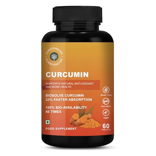 CUREFOREVER Turmeric Curcumin Tablets with BioPerine & Black Pepper Extract | High Absorption Curcumin Supplement for Joint, Immunity & Antioxidant Support | 600 mg Curcumin Blend | 60 Tablets