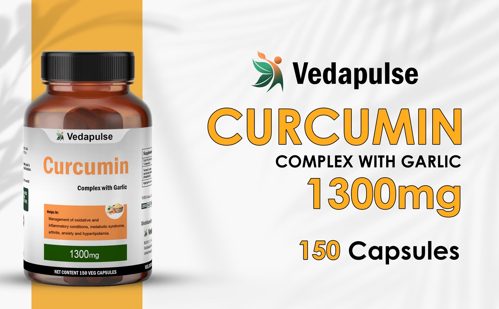 Curcumin 1300 Mg Complex with Garlic and Black Pepper | For Joint and Skin Health | Inflammatory Support Supplement for Men & Women | 150 Capsules