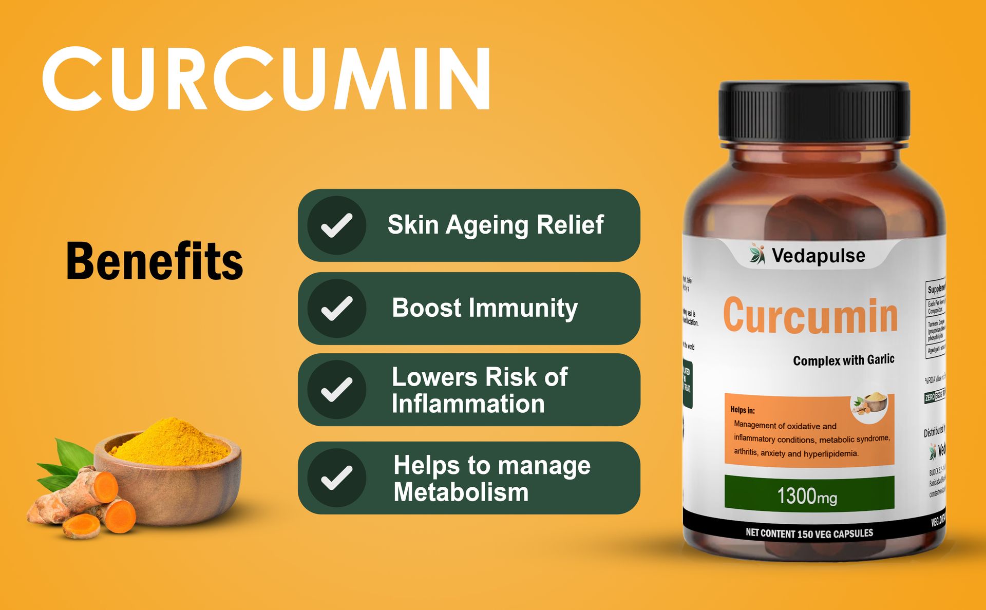 Curcumin 1300 Mg Complex with Garlic and Black Pepper | For Joint and Skin Health | Inflammatory Support Supplement for Men & Women | 150 Capsules