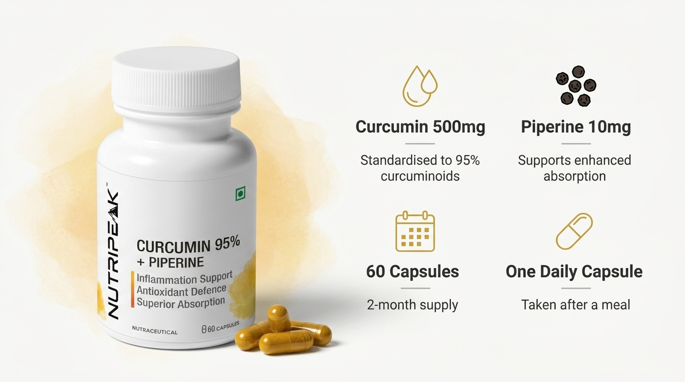 Curcumin 500mg with Piperine 10mg | 95% Standardized Curcuminoids | Turmeric for Joint Comfort, Inflammation & Antioxidant Support | Vegan Veg Capsules | 60 Capsules