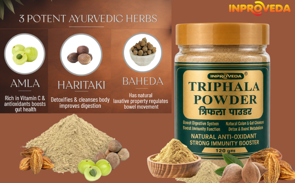 Inproveda Triphala Powder 120gm | Traditional Ayurvedic Churna for Digestion, Detox, Constipation & Colon Cleanse | Pure Amalaki, Bibhitaki & Haritaki | Natural Gut Health Supplement | No Preservatives, Colors or Flavors | Boost Immunity, Anti-Oxidant Triphala Powder - 120gm