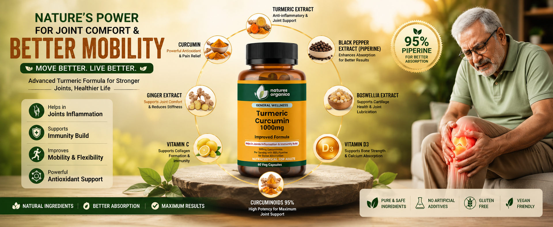 Turmeric Curcumin for Joint Support | 60 Capsules | Piperine & 95% Curcuminoids | Anti Inflammatory Supplement