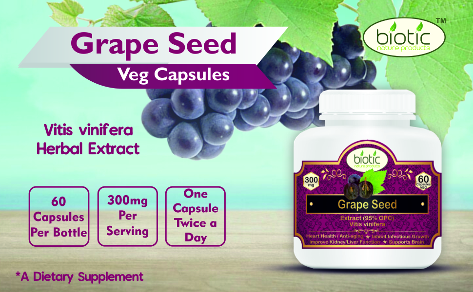 Biotic Natural Grape Seed Extract Capsules - Organic Grapeseed Extract Supplement Capsule - 120 Veg Capsules (Pack of 2)