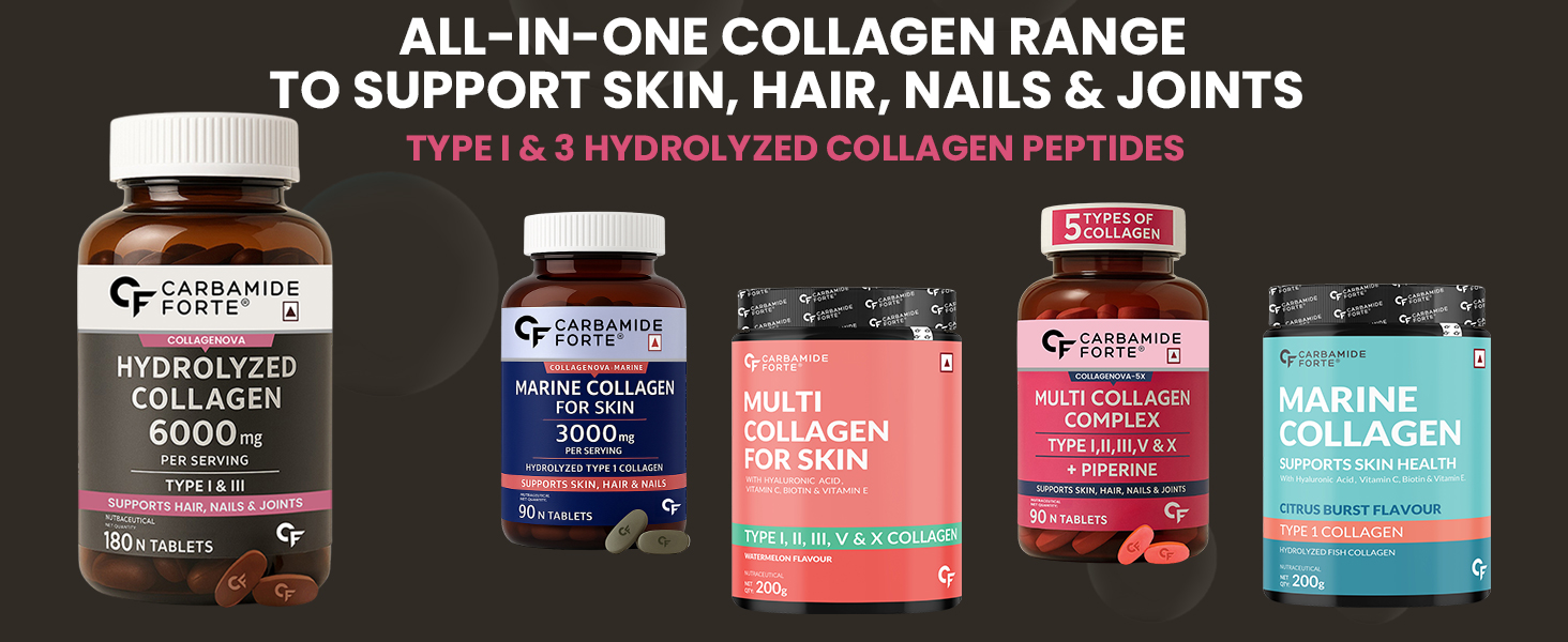 Carbamide Forte Hydrolyzed Marine Collagen Peptides Tablets | 6000mg Type 1 & 3 Collagen Powder for Joint Support,Glowing Skin & Hair | Collagen Supplements for Women & Men - 180 Tablets (Pack of 2)