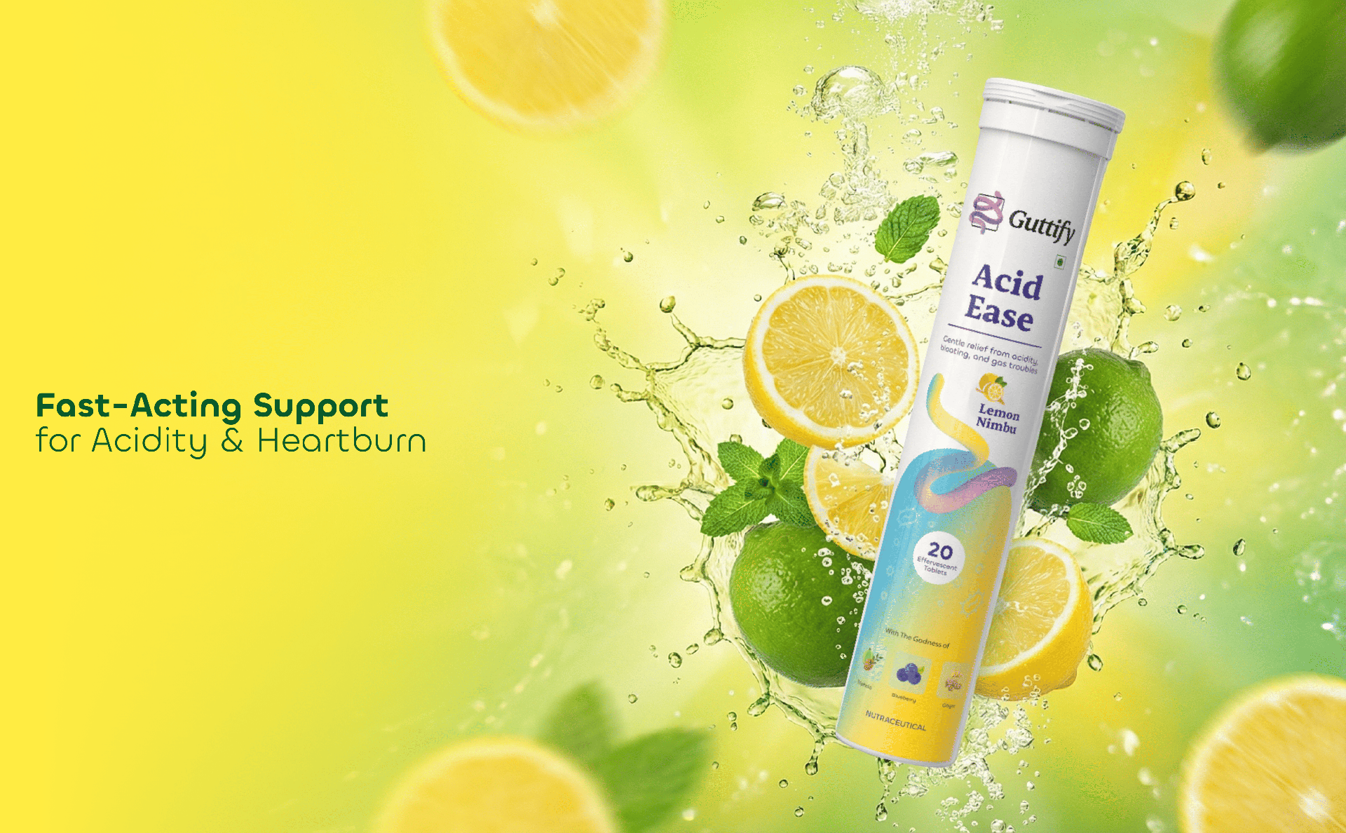 Acid Ease Lemon Khatta Effervescent Tablets with Triphala, Blueberry and Ginger for Acidity Relief, Gas Control, Indigestion Care and Bloating Ease | 20 Tablets