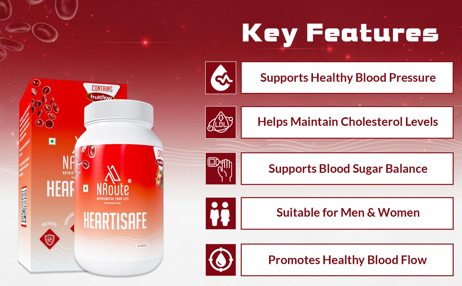 NRoute HeartiSafe Capsule with Fruitflow® for Healthy Blood Pressure BP Cholesterol & Blood Sugar Balance 30 Capsules For Men & Women for healthy heart