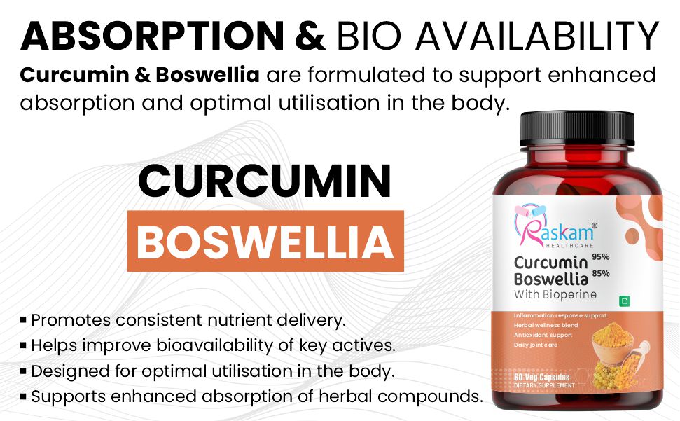 Curcumin 95%, Boswellia 85%, 510mg Capsules with Bioperine | 60 Veg Capsules | Super Antioxidant, Improves Metabolism, Fights Inflammation | 60 veg capsules