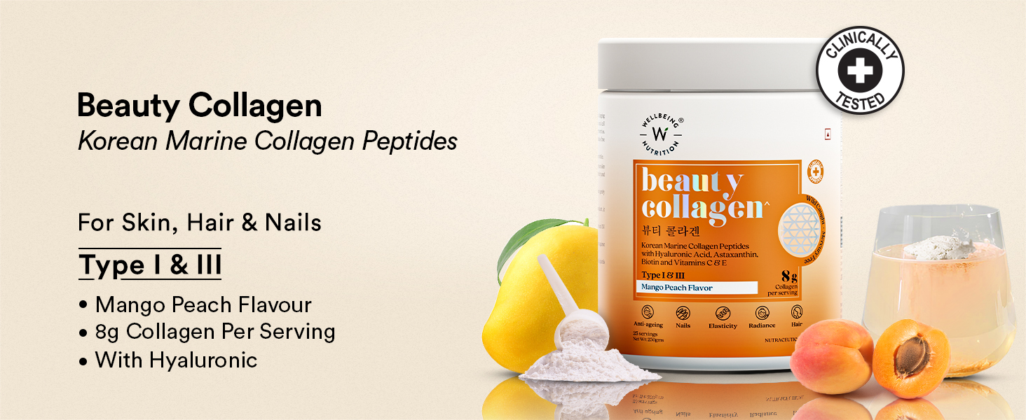 Wellbeing Nutrition Korean Beauty Marine Collagen Skin Radiance Peptides 8g | Biotin, Vitamin C, E, Hyaluronic, Astaxanthin | Clinically Proven Healthy Skin, Hair & Nails | Mango Peach powder, 250gms