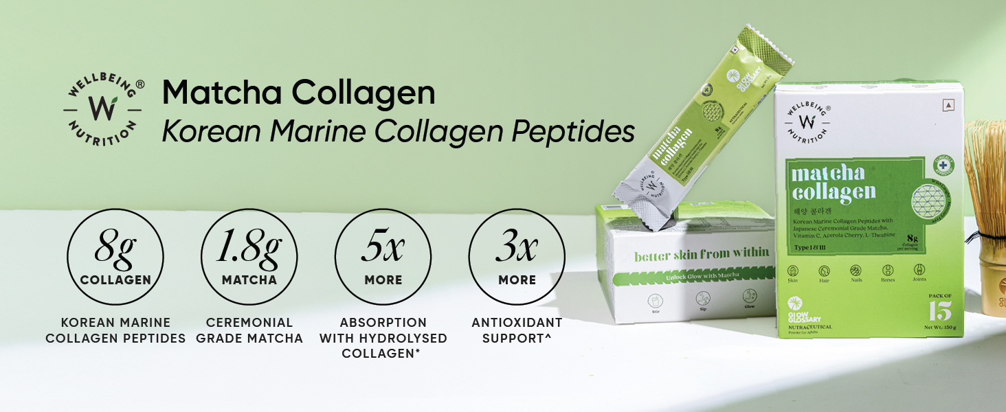 Wellbeing Nutrition Matcha Collagen for Skin Radiance| Korean Marine Collagen Peptides & Japanese Organic Matcha Green tea for Immunity, Gut Health, Hair, Skin & Nails| Pack of 15