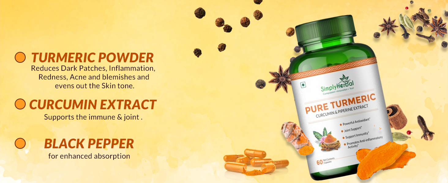 Simply Herbal 800 MG Turmeric Curcumin & Piperine Extract Capsules for Immunity | Immunity Boosters Capsule for Adults | Good for Skin & Joint Pains | Natural and Pure Curcuminoids Capsule, Pack of 1