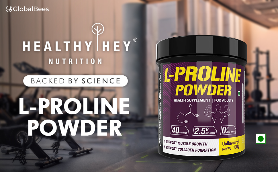 HealthyHey Sports L-Proline Powder, Supports Muscle Growth & Collagen Formation, 100g Unflavoured - 40 Servings