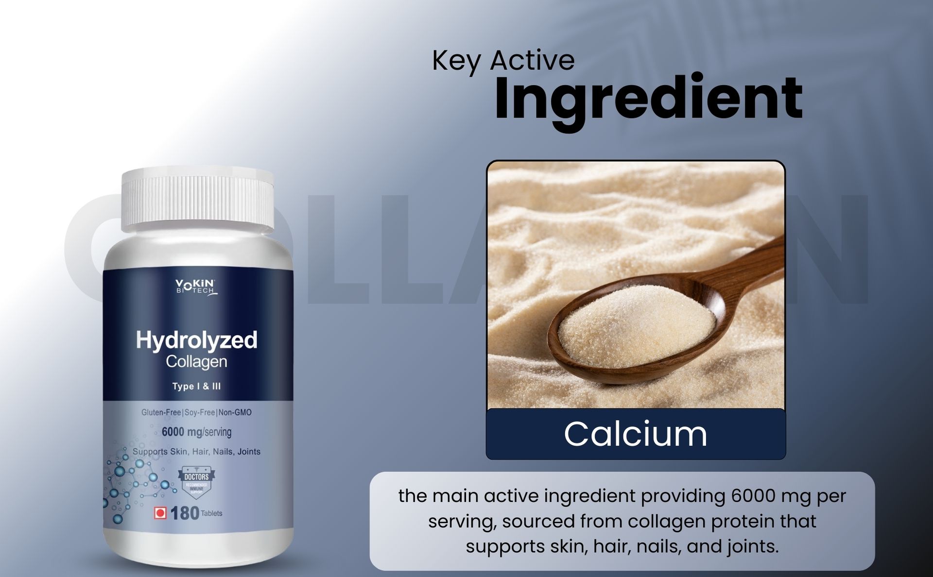 Vokin Biotech Hydrolyzed Collagen Peptides 6000 Mg With Type 1 & 3 Supports Skin,Hair,Nails & Joints (180 Tablets),1 Count