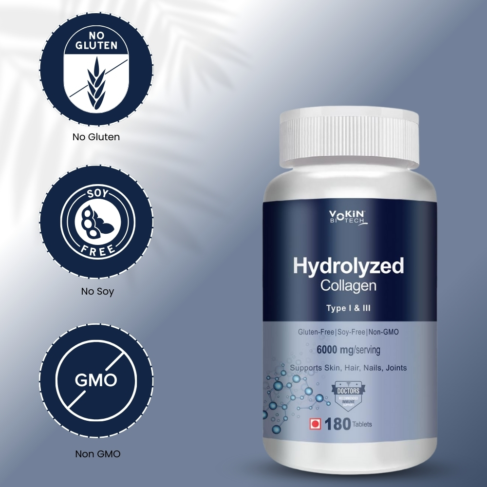 Vokin Biotech Hydrolyzed Collagen Peptides 6000 Mg With Type 1 & 3 Supports Skin,Hair,Nails & Joints (180 Tablets),1 Count