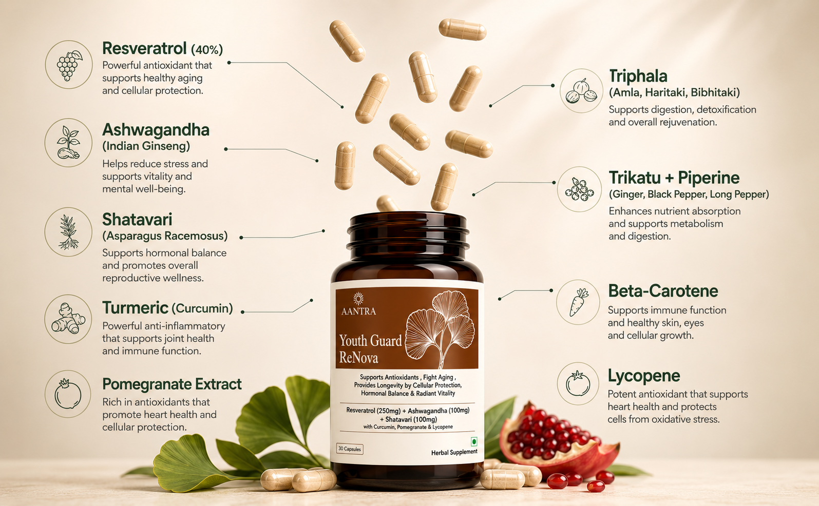 Youth Guard ReNova Herbal Supplement with Resveratrol 250mg, Ashwagandha, Shatavari for Antioxidant Support (30 Capsule)