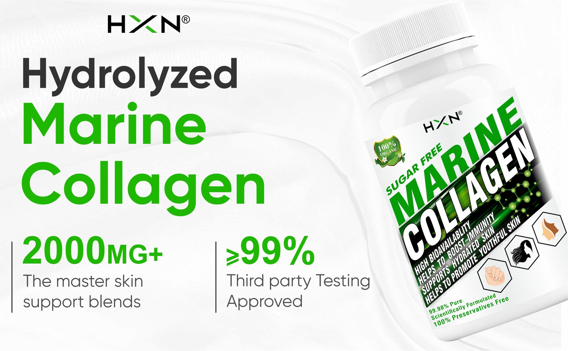 HXN Marine Collagen Peptides | Hydrolyzed Type 1 & 2 Protein for Skin Hair Nails | 99.98% Collagen Powder Supplement | Women -60 Tablets