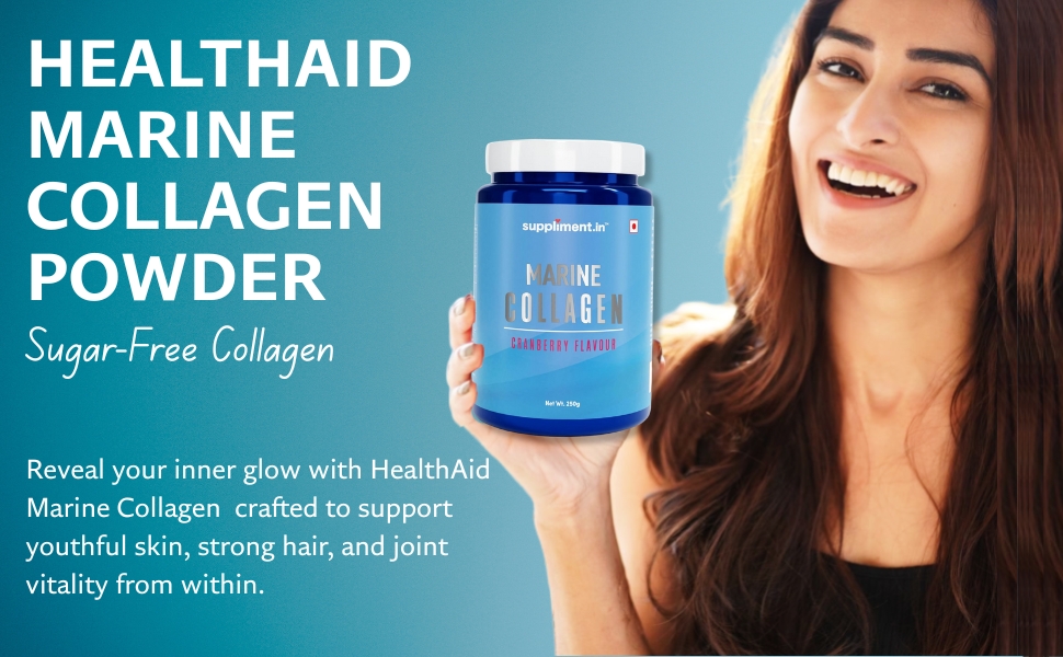 HealthAid Marine Collagen - 250gm Powder| Sugar-Free Collagen Supplement for Women & Men | Increases Skin Hydration |Reduces Skin Damage | Supports Healthy Skin, Hair & Nails| Cranberry Flavour