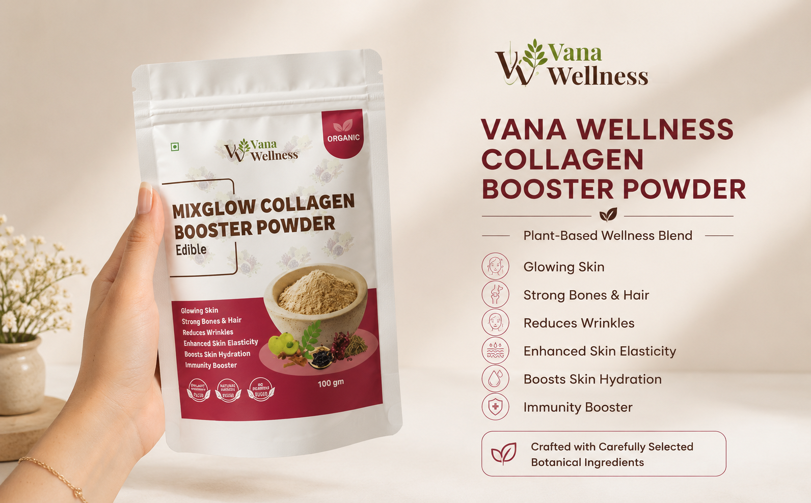 VanaWellness Pure Natural Mix Glow Collagen Booster Powder for Promotes Skin Elasticity Hair Strength & Healthy Nails (100 gm)