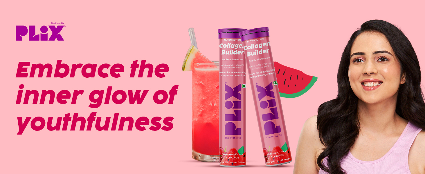 PLIX - THE PLANT FIX Collagen Builder Bubbly Effervescent - 15 Tablets (Pack of 8, Watermelon) for Hydrated Skin & Anti-Aging | Amino Acid Blend For Collagen Production | Vitamin C & E | 100% Vegan