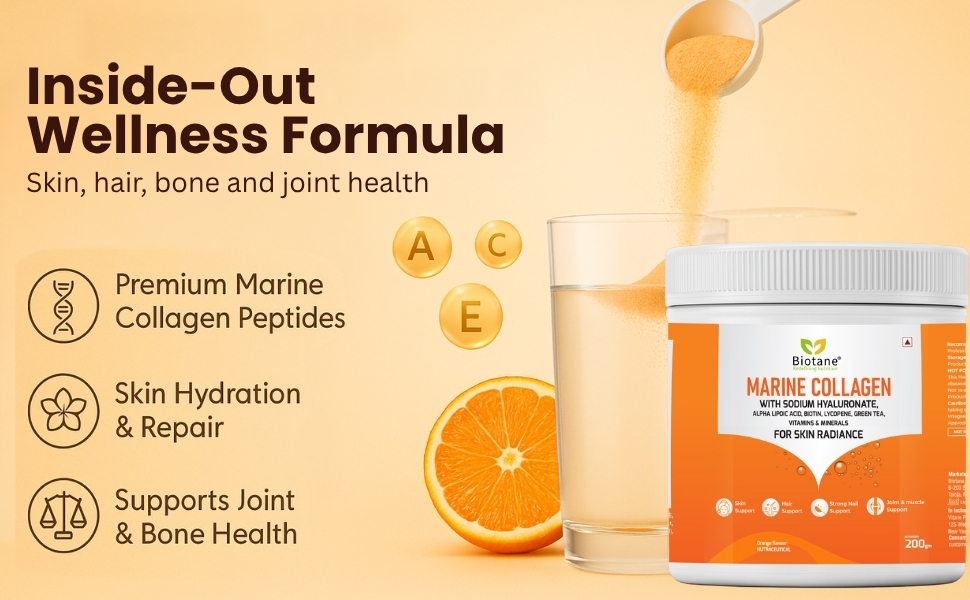 Biotane Marine Collagen Powder | Manufactured in Technical Collaboration with Vitane Pharma USA I Skin Radiance, Anti-Aging, Bone and Joint Support | Orange Flavour (200 gm Pack)
