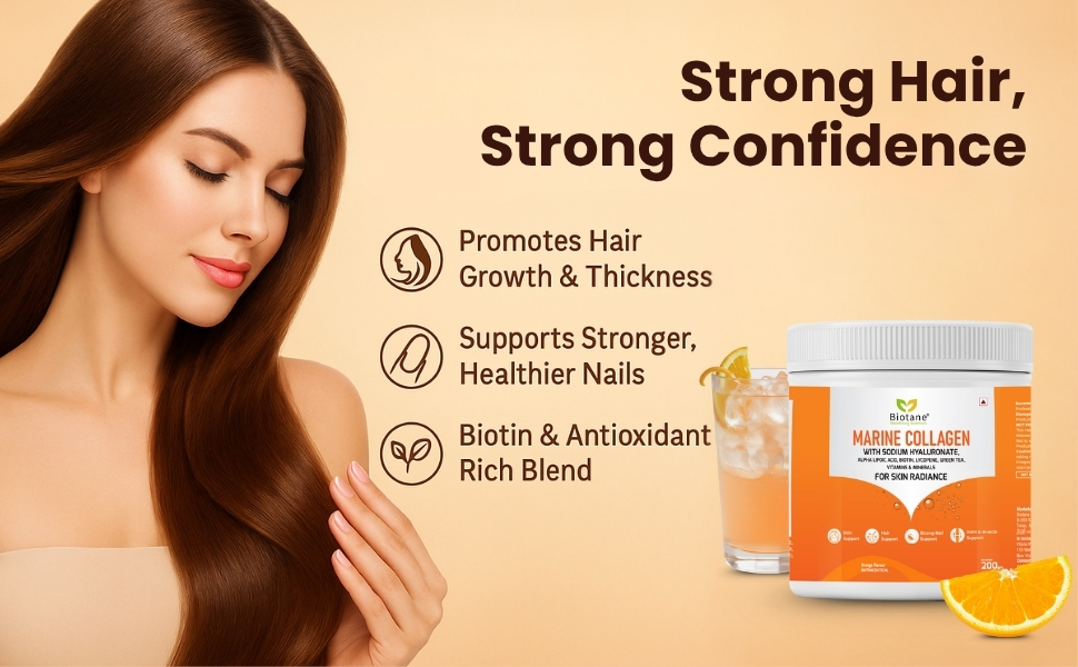Biotane Marine Collagen Powder | Manufactured in Technical Collaboration with Vitane Pharma USA I Skin Radiance, Anti-Aging, Bone and Joint Support | Orange Flavour (200 gm Pack)