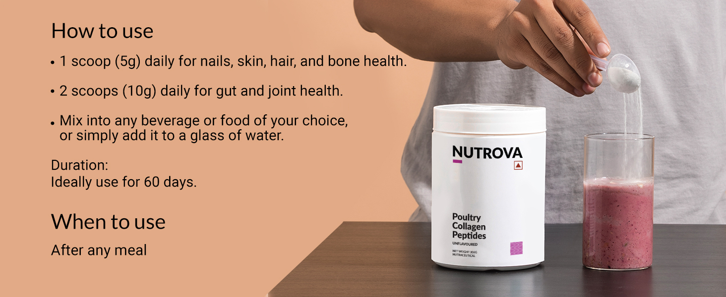 NUTROVA Poultry Collagen Peptides for Unisex,India's First Poultry Collagen Peptide,For Healthy Skin & Hair,Nails,Bones - Anti-Aging Supplement - Easy to Mix Powder(306 grams)