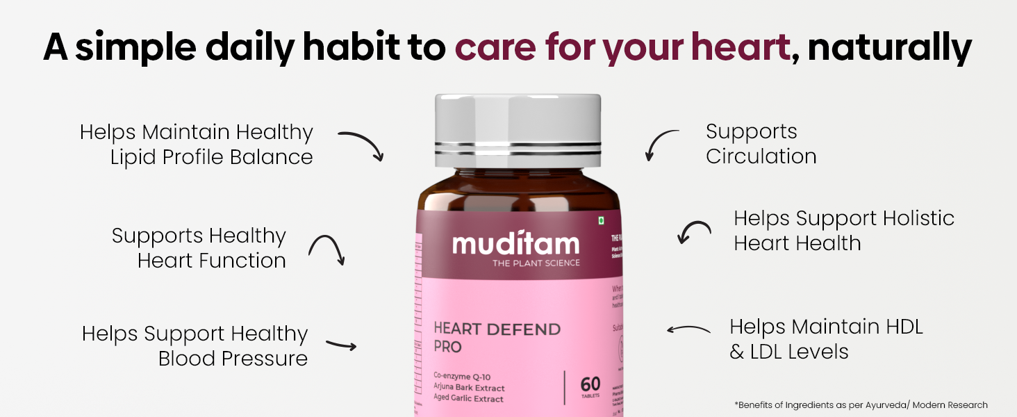 Muditam Ayurveda Heart Defend Pro – Heart Health & Cholesterol Support | 180 Tablets (90-Day Supply) | Supports Blood Pressure & Cardiovascular Function | Ayurvedic Formula | Pack of 3