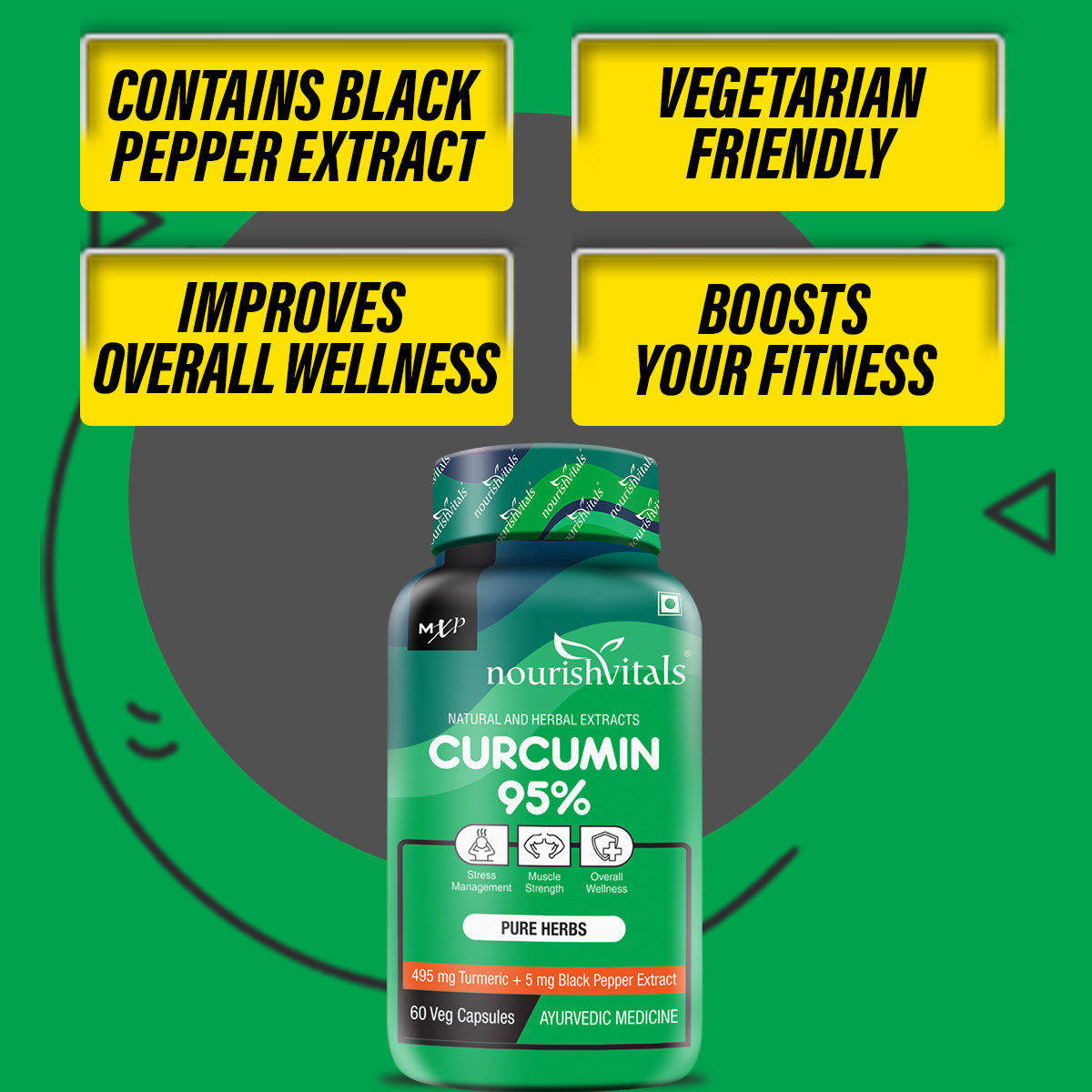 NourishVitals Curcumin 95% Curcuminoids, 500 mg Turmeric with Piperine Extract Supplement, 60 Veg Capsules