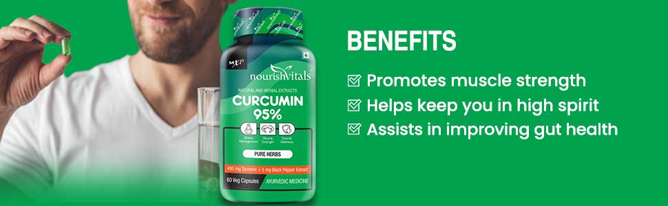 NourishVitals Curcumin 95% Curcuminoids, 500 mg Turmeric with Piperine Extract Supplement, 60 Veg Capsules