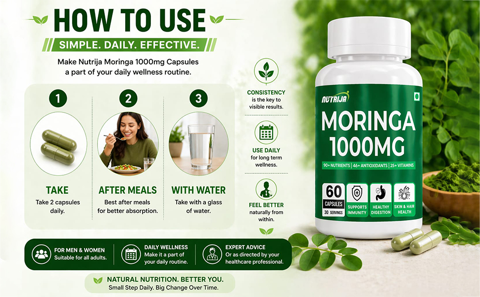 NutriJa Moringa 1000mg with Chromium Picolinate - 60 Veg Capsules | Supports Daily Nutrition, Digestion & Immunity | Herbal Wellness Supplement | 30 Servings