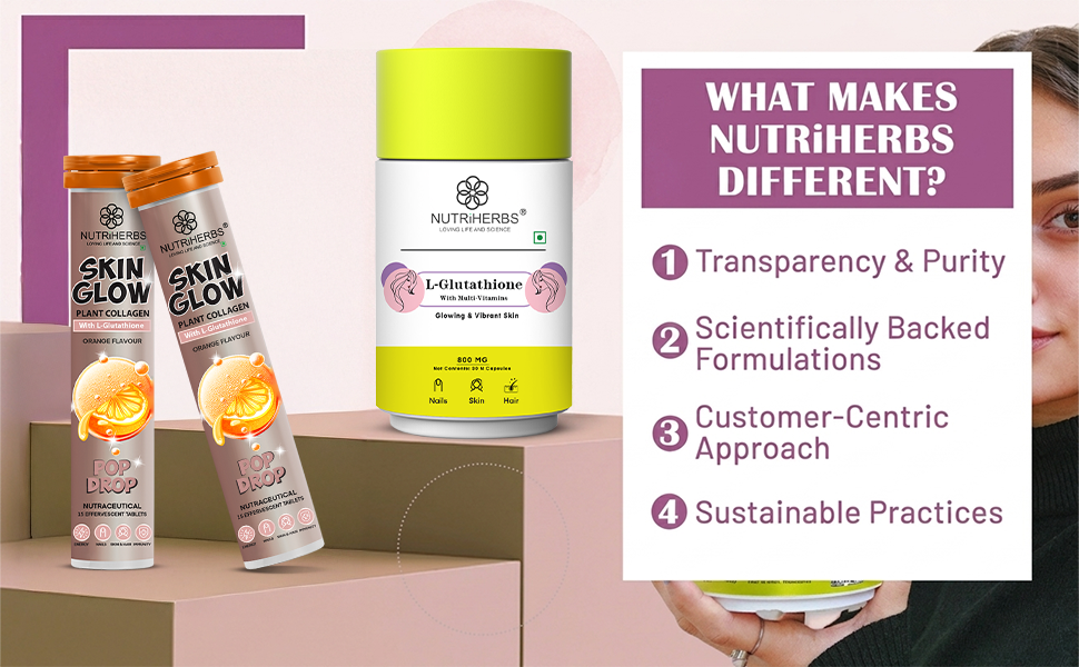 NUTRiHERBS L-Glutathione & Skin Glow Combo – 30 Capsules & 30 Effervescent Tablets | Plant-Based Collagen Booster Supplement with Vitamin C, E & Biotin | Support Skin Brightening, Anti-Aging & Hair Support