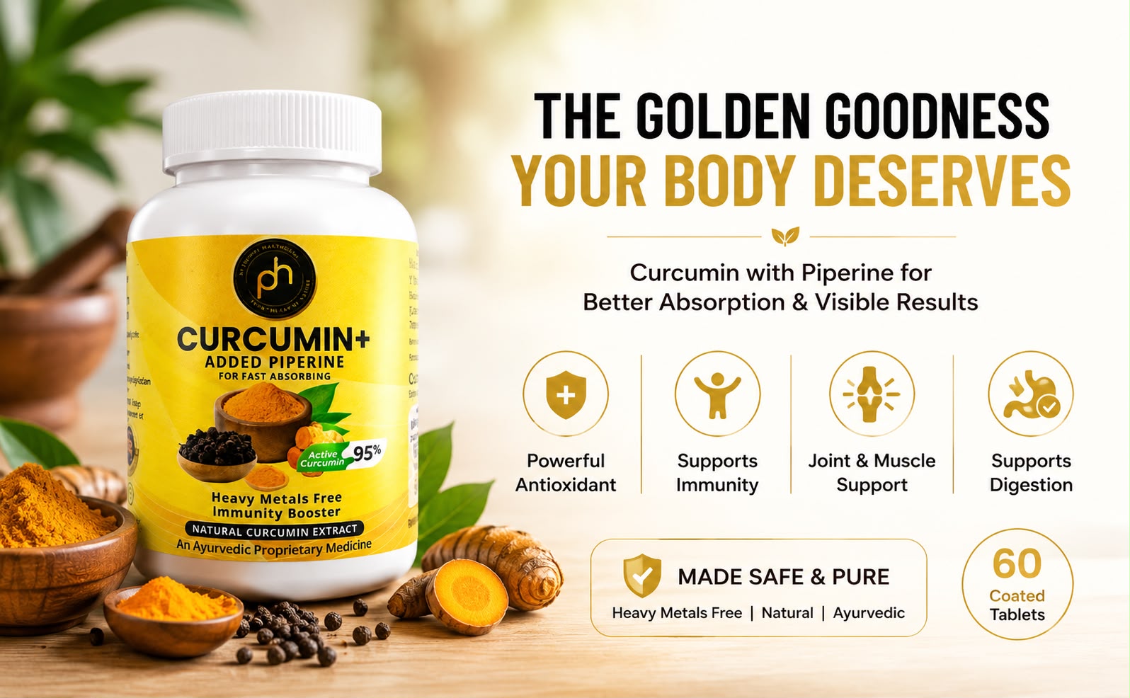 PHs Organic Curucumin+ Tablets 500mg with Piperine | 60 Tablets | Heavy metals free 10+ curcumin Turmeric | Immune booster blood thinner Curcumin Tablets