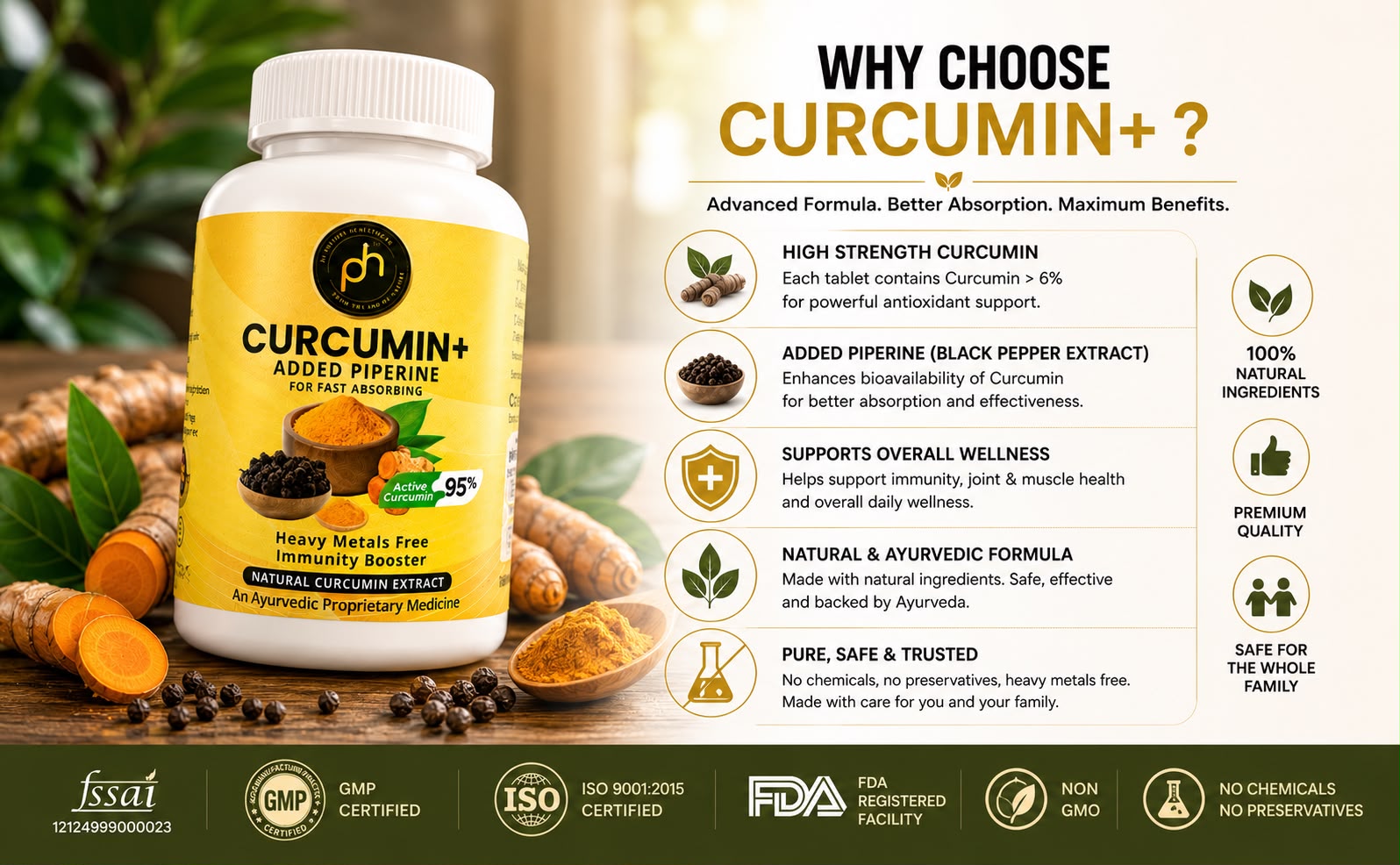 PHs Organic Curucumin+ Tablets 500mg with Piperine | 60 Tablets | Heavy metals free 10+ curcumin Turmeric | Immune booster blood thinner Curcumin Tablets