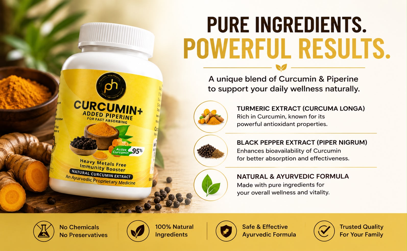 PHs Organic Curucumin+ Tablets 500mg with Piperine | 60 Tablets | Heavy metals free 10+ curcumin Turmeric | Immune booster blood thinner Curcumin Tablets