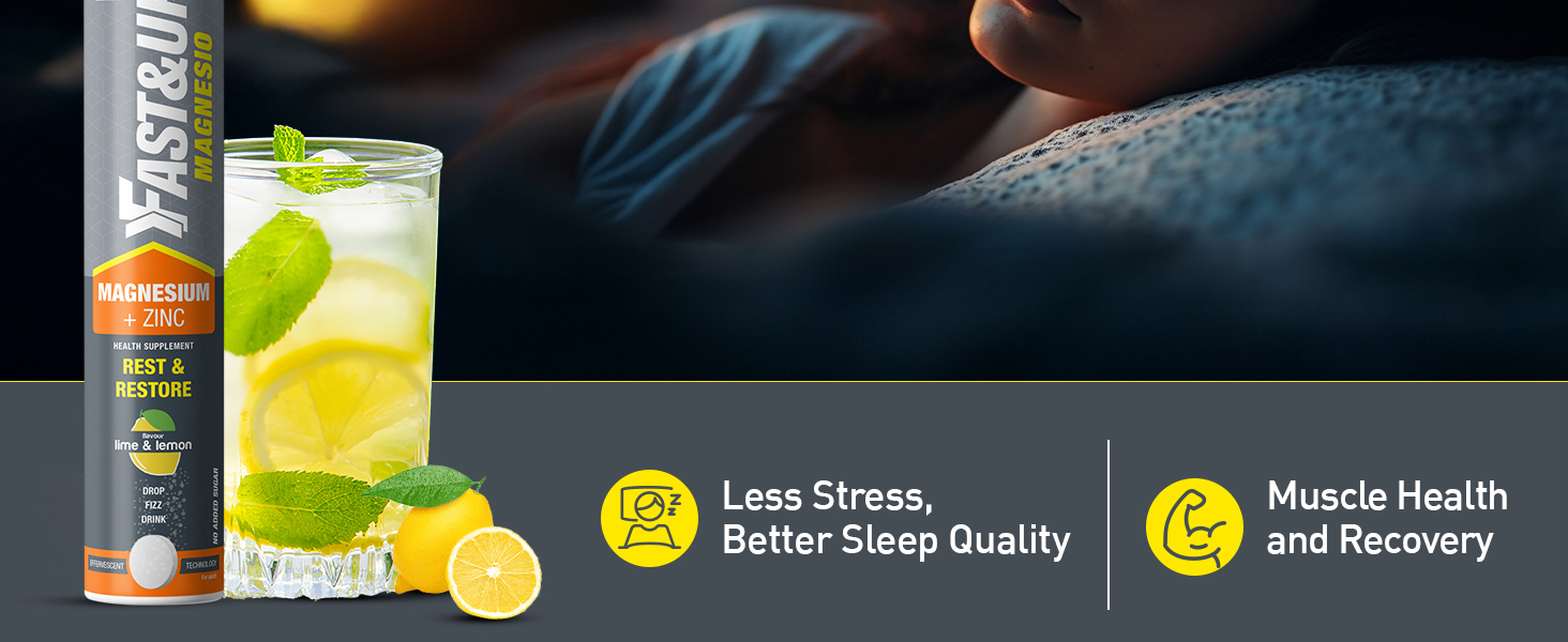 Fast&Up Magnesio - Restful Sleep Supplement - Magnesium & Zinc for Stress Management & Promoting Deep Sleep (60 Effervescent Tablets, Lime & Lemon Flavor)
