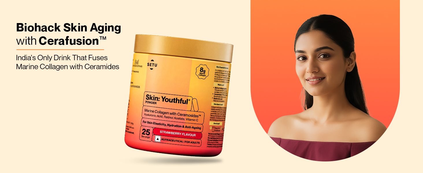 Setu Skin: Youthful | Upgraded 8g Marine Collagen + Ceramosides™ | 4X Faster Hydration | Reduces Fine Lines & Wrinkles | Monk Fruit Sweetened (250gm, Strawberry)