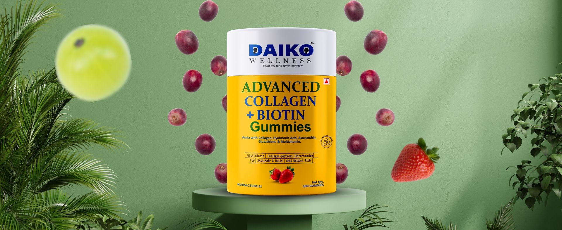Daiko Collagen Gummies with Glutathione, Biotin & Vitamin C Brightens Skin, Reduces Hair Fall & Strengthens Hair and Nails | Sugar Free Strawberry – 30 Gummies for Men & Women