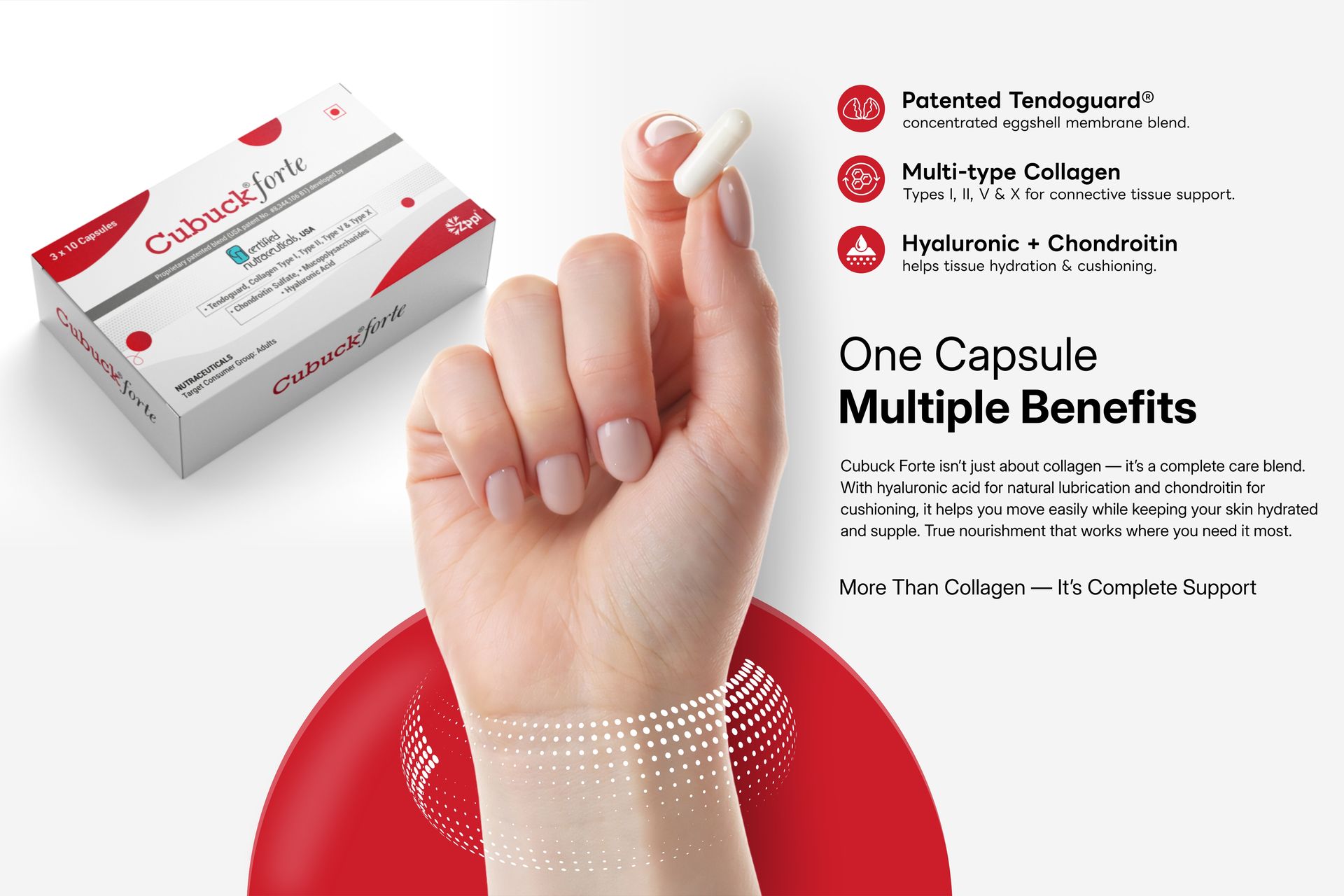 Cubuck Forte — Tendoguard® ( Patented Blend 0f egg shell membrane and avian sternum ) | Hyaluronic Acid 75 mg • Chondroitin 100 mg • Collagen complex - Types I, II, V & X | Nutraceutical for Adult Joint, Tendon & Skin health | 3×10 Capsules