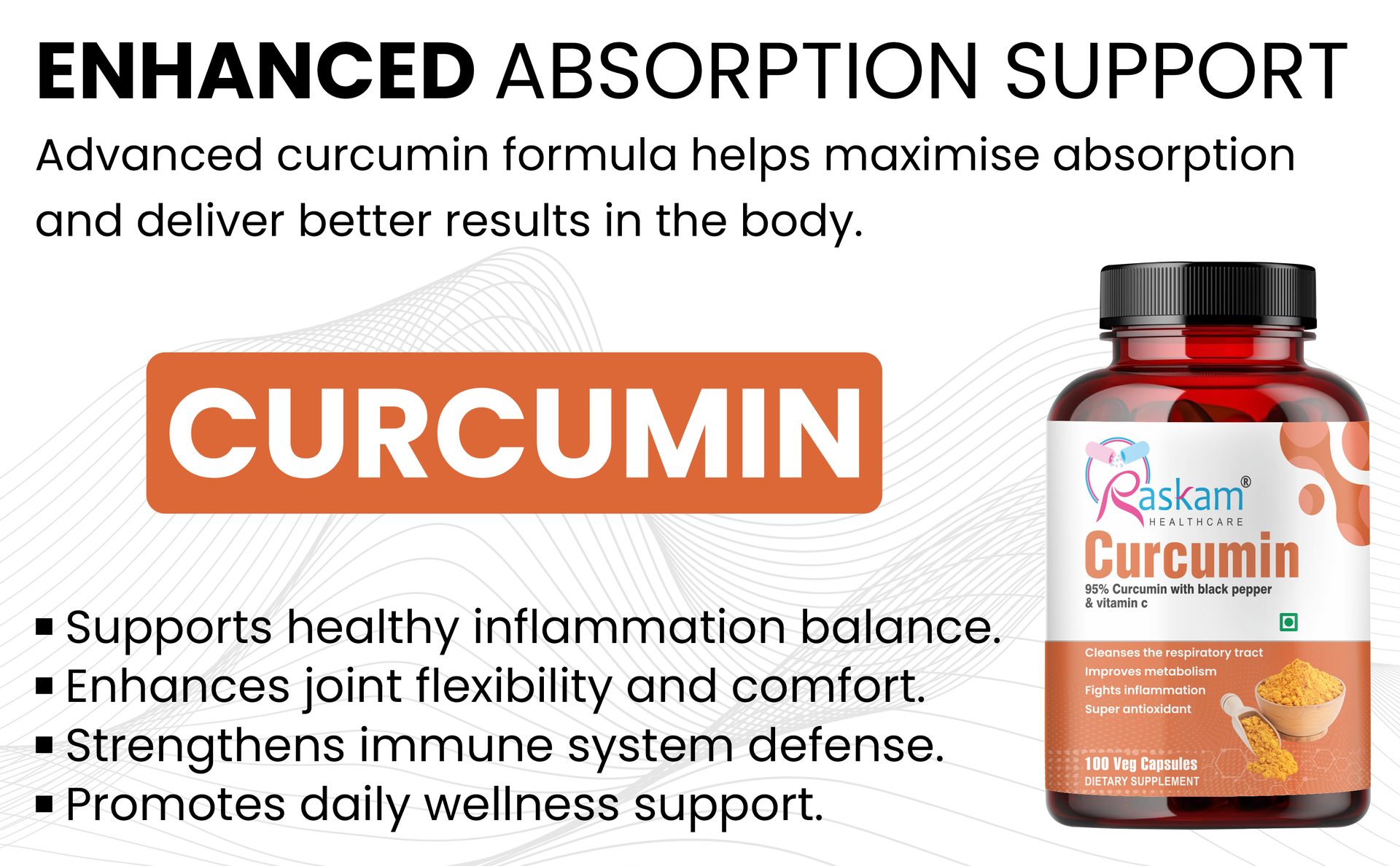 Curcumin 100 veg capsules-with 95% Curcuminoids - Higher Absorption- Antioxidant & Anti-inflammatory Supplement - For Skin, Joint Support, Boosts Immune System