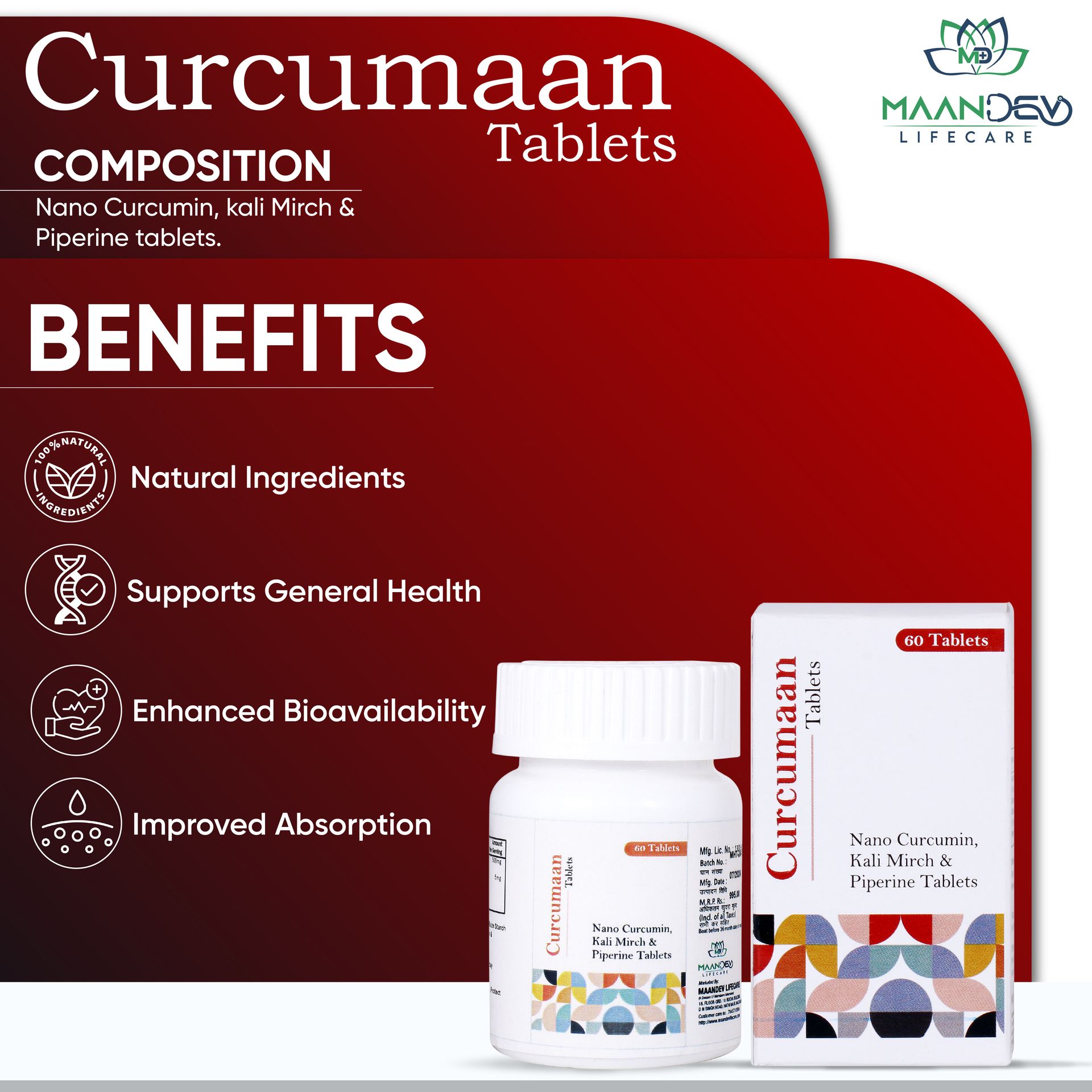 Curcumaan Nano Curcumin, Kali Mirch and Piperine Tablets, 60 Count