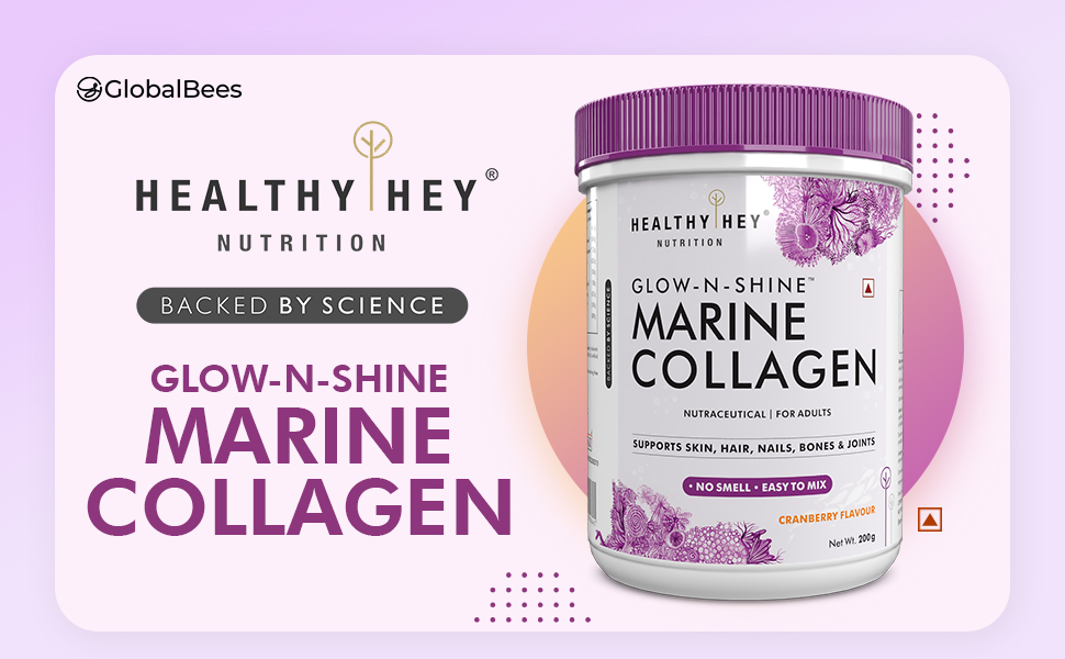 HealthyHey Glow-n-Shine Marine Collagen Powder - Hydrolyzed | Type 1 Collagen Protein Supplement with Hyaluronic Acid | Amino Acids for Skin, Hair, Nails (Cranberry, 200g)