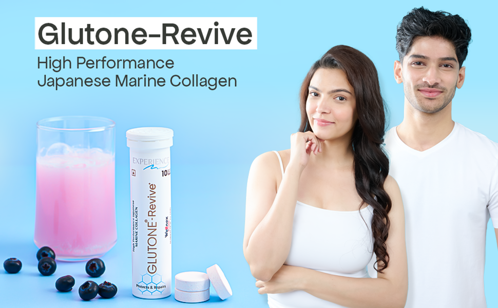 Glutone-Revive Effervescent Collagen Tablets – 2500 mg Wellnex Di-Peptide Marine Collagen|Supports Skin Hydration, Elasticity, Smooth Texture | For Men & Women | 60 Blueberry Flavour Tablets