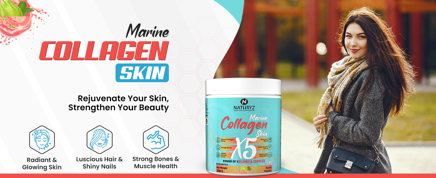 NATURYZ Marine Collagen Skin X5 for Women & Men | Premium Collagen Peptides | Power of 5 Blends | Hyaluronic acid, Biotin & Vitamin E | Supports Skin Radiance, Healthy Hair, Nails, Bone & Joints – 240g(Lemon Flavour)
