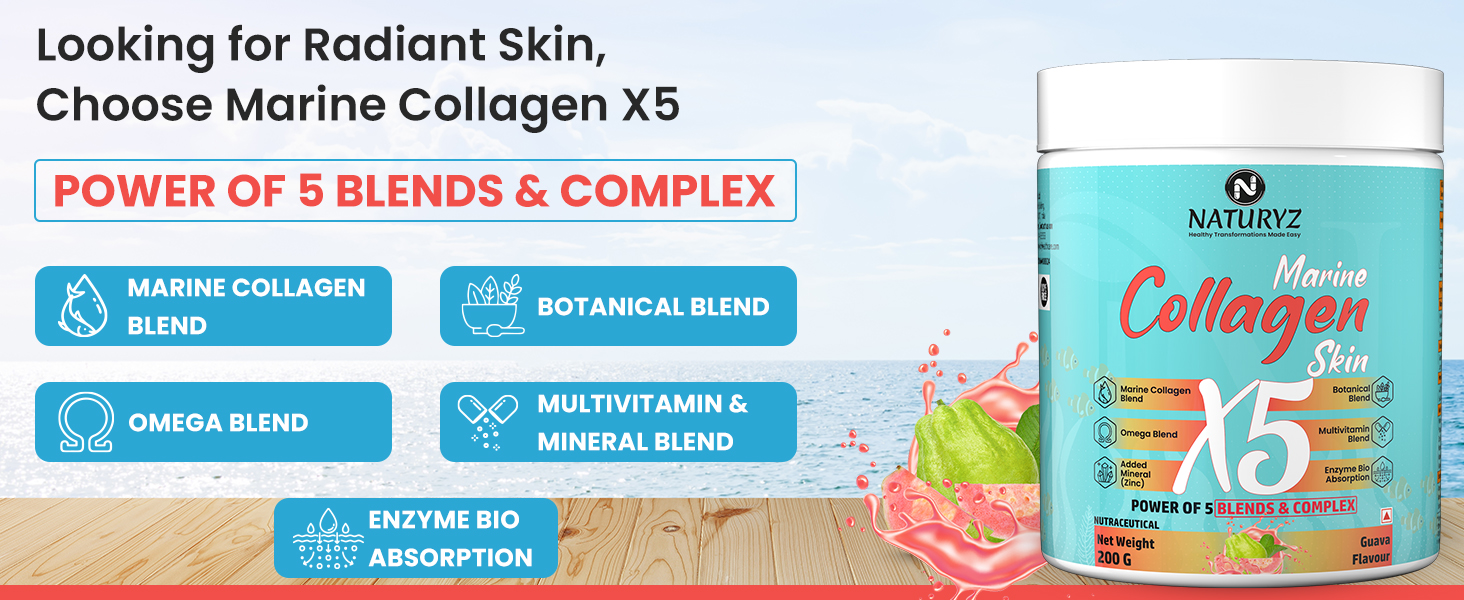 NATURYZ Marine Collagen Skin X5 for Women & Men | Premium Collagen Peptides | Power of 5 Blends | Hyaluronic acid, Biotin & Vitamin E | Supports Skin Radiance, Healthy Hair, Nails, Bone & Joints – 240g(Lemon Flavour)