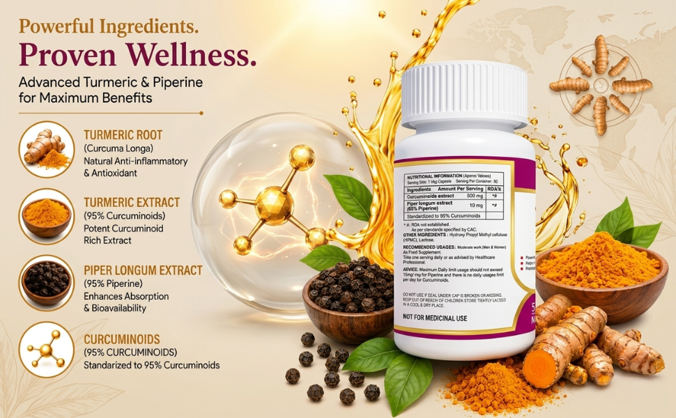 Curcumin Capsules with Piperine 500mg | 95% Curcumin Turmeric Extract | Supports Immune Health, Joint Comfort & Overall Wellness | 60 Vegetarian Capsules